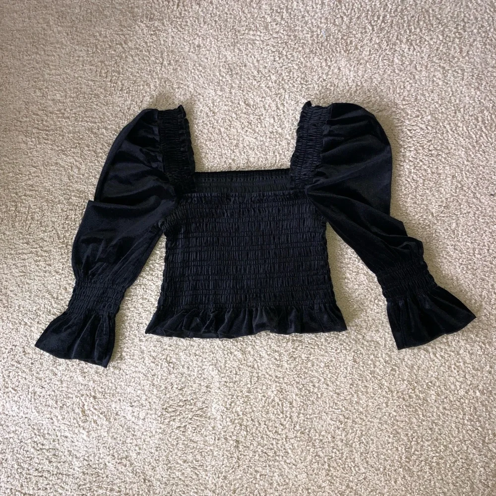 Smocked Ruffle Velvet Blouse - Picture 2 of 2